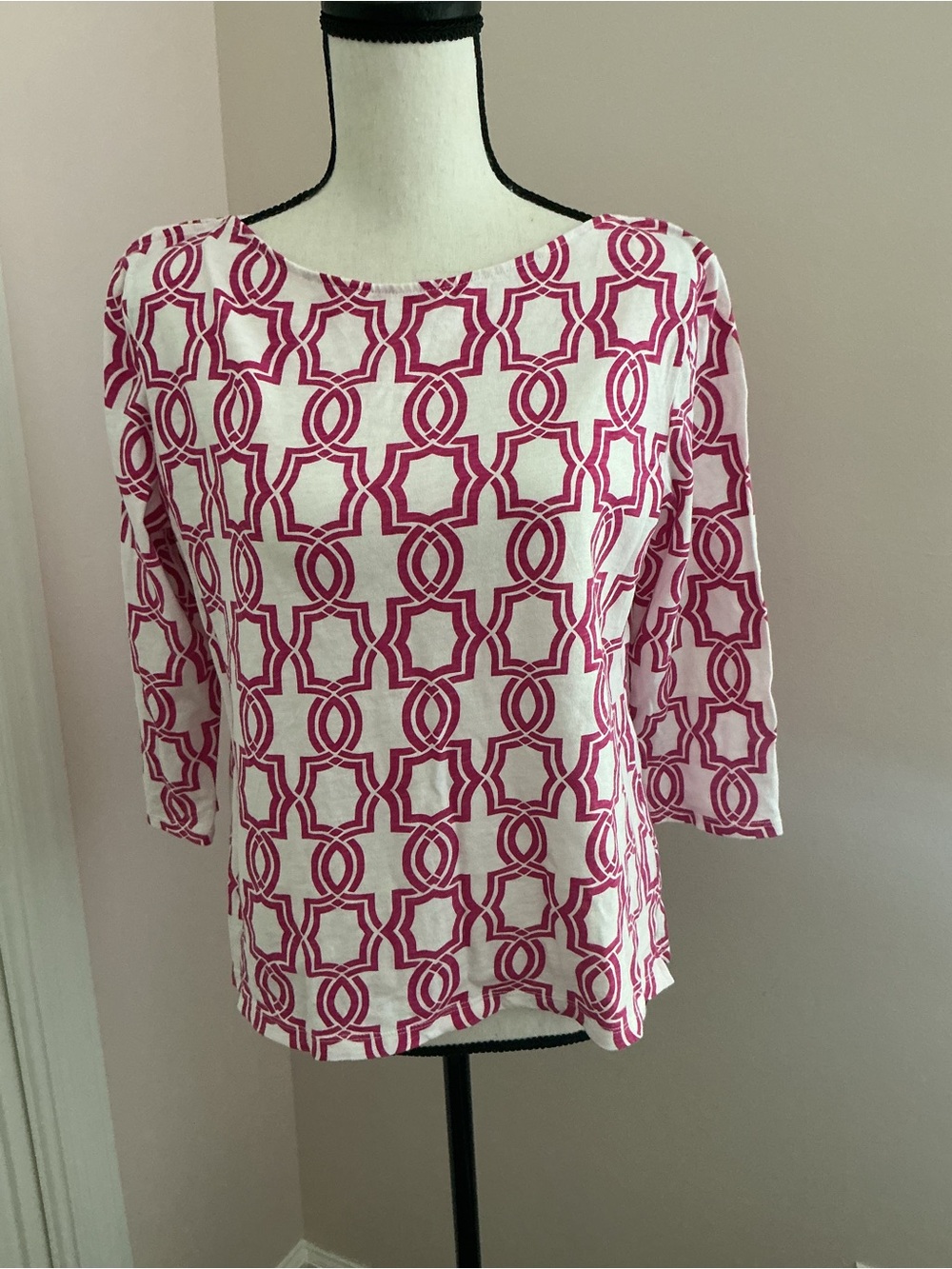 Chico's Pink & White Geometric Boatneck Long Sleeve Top